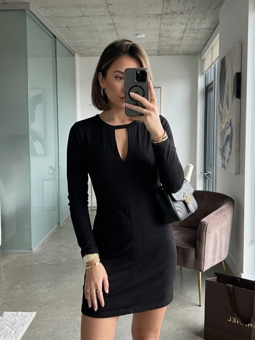 Forever 21 Black Long-Sleeve Mini Dress with Front Keyhole